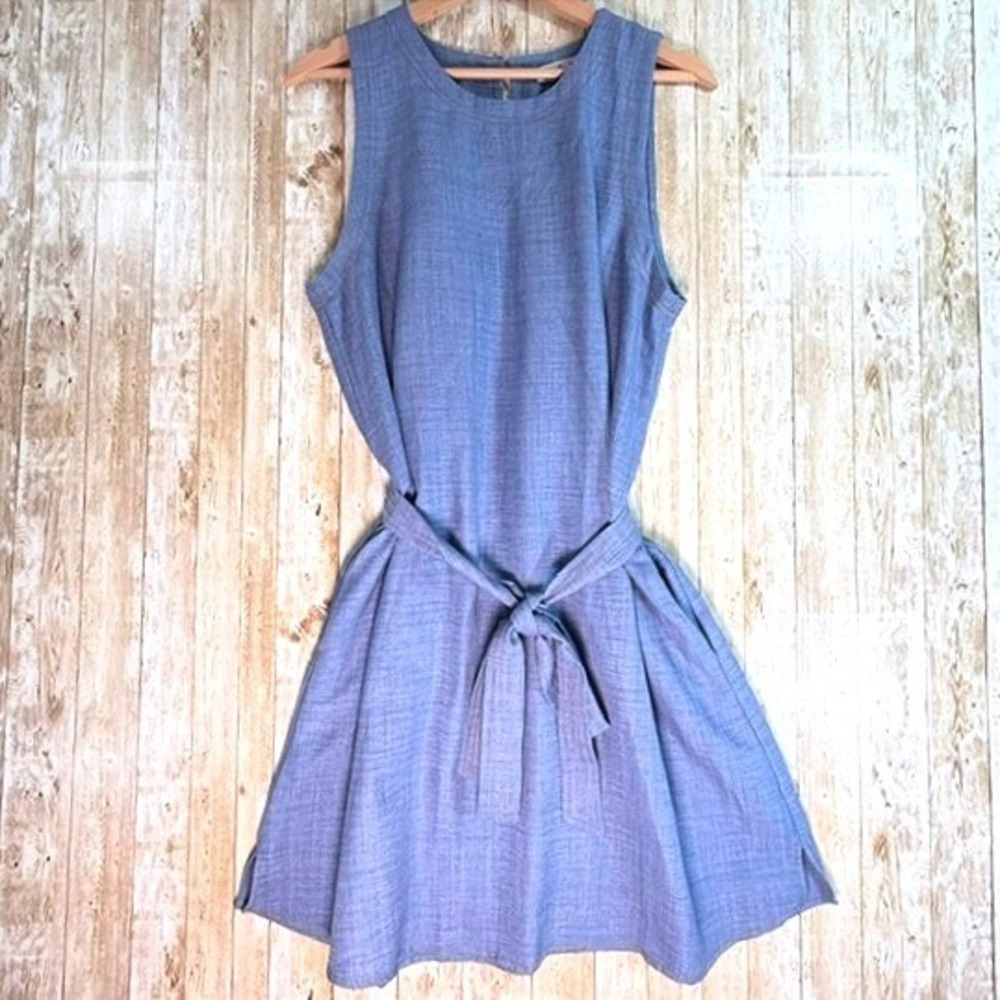 Nine Britton Jane Chambray Fit and Flare Dress LP Blue Sleeveless Tie Waist Mini